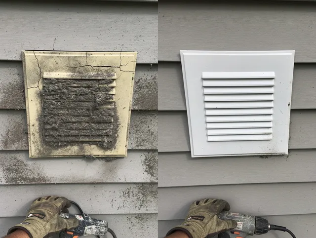 Harrisburg Dryer Vent Cleaning technician installing high-quality dryer vent cover at a residential property in Harrisburg